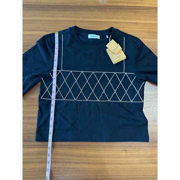Sandro Diamond Cropped Black T-shirt, Short Sleeves, size 1 small - Picture 4 of 12